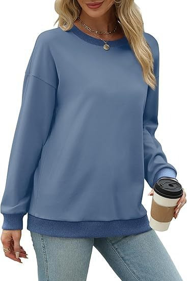 Women's Sporty Sweatshirt – Round Neck, Long Sleeve, Loose Fit, Color-Blocked with Ribbed Trim