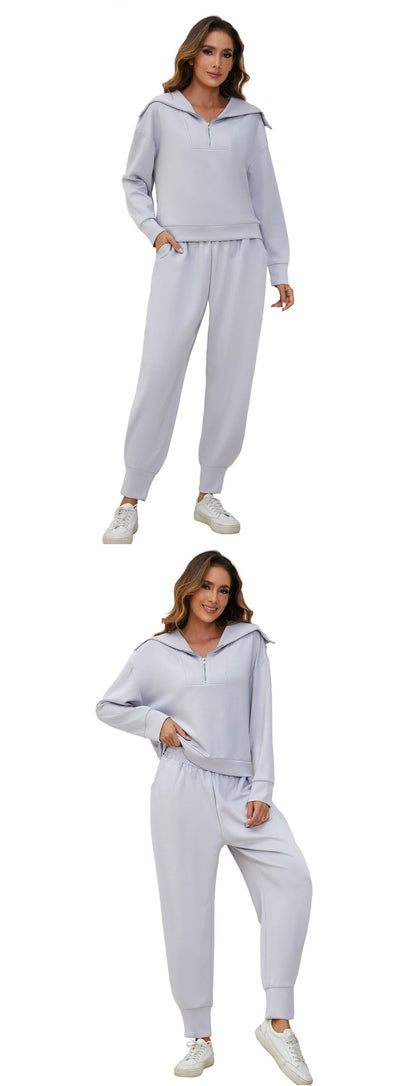 Half-Zip Long Sleeve Collared Sports Top and High-Waisted Athletic Pants Two-Piece Set