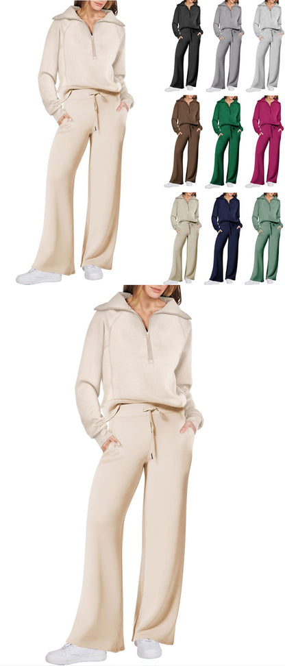 Autumn/Winter Casual Sports Set – Zip-Up Long Sleeve Sweatshirt and Wide-Leg Pants Two-Piece