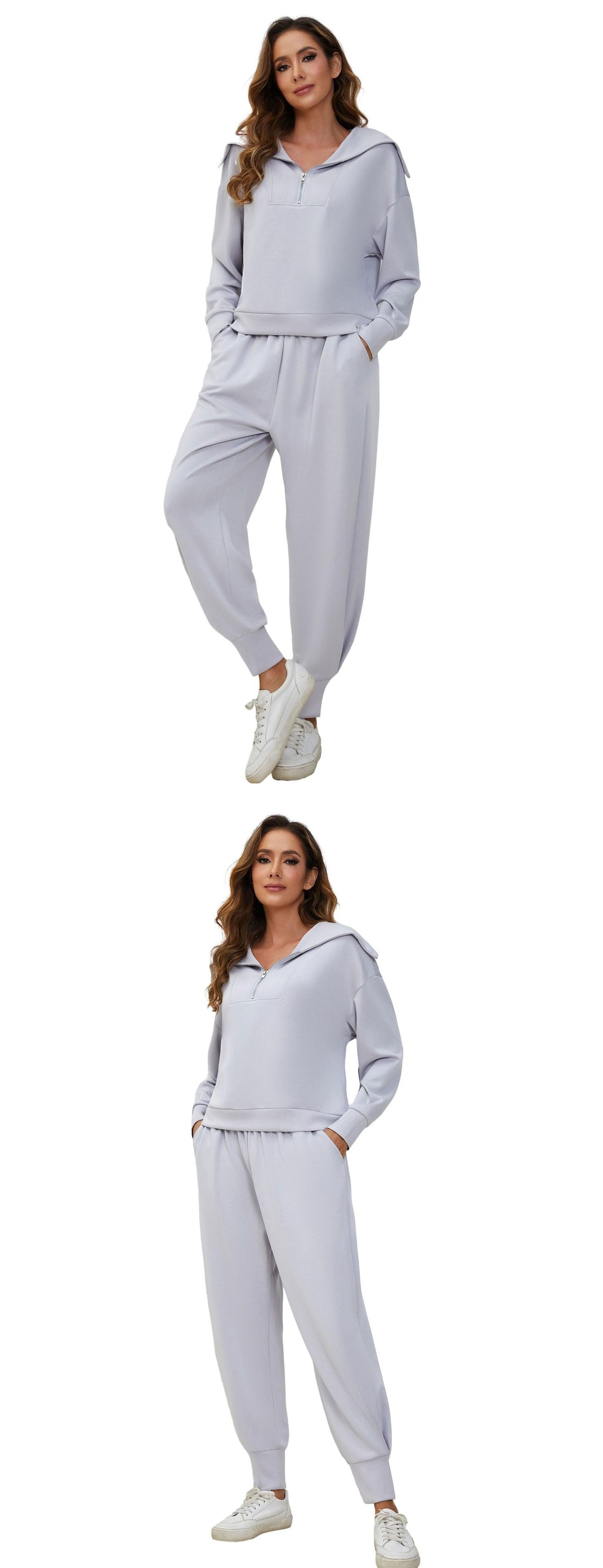 Half-Zip Long Sleeve Collared Sports Top and High-Waisted Athletic Pants Two-Piece Set