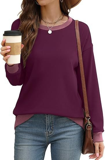 Women's Sporty Sweatshirt – Round Neck, Long Sleeve, Loose Fit, Color-Blocked with Ribbed Trim