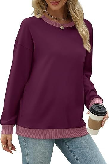 Women's Sporty Sweatshirt – Round Neck, Long Sleeve, Loose Fit, Color-Blocked with Ribbed Trim