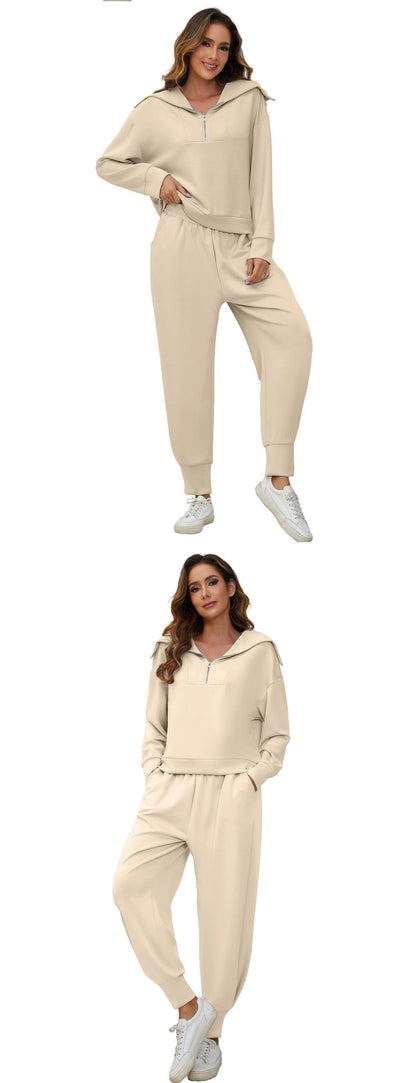 Half-Zip Long Sleeve Collared Sports Top and High-Waisted Athletic Pants Two-Piece Set