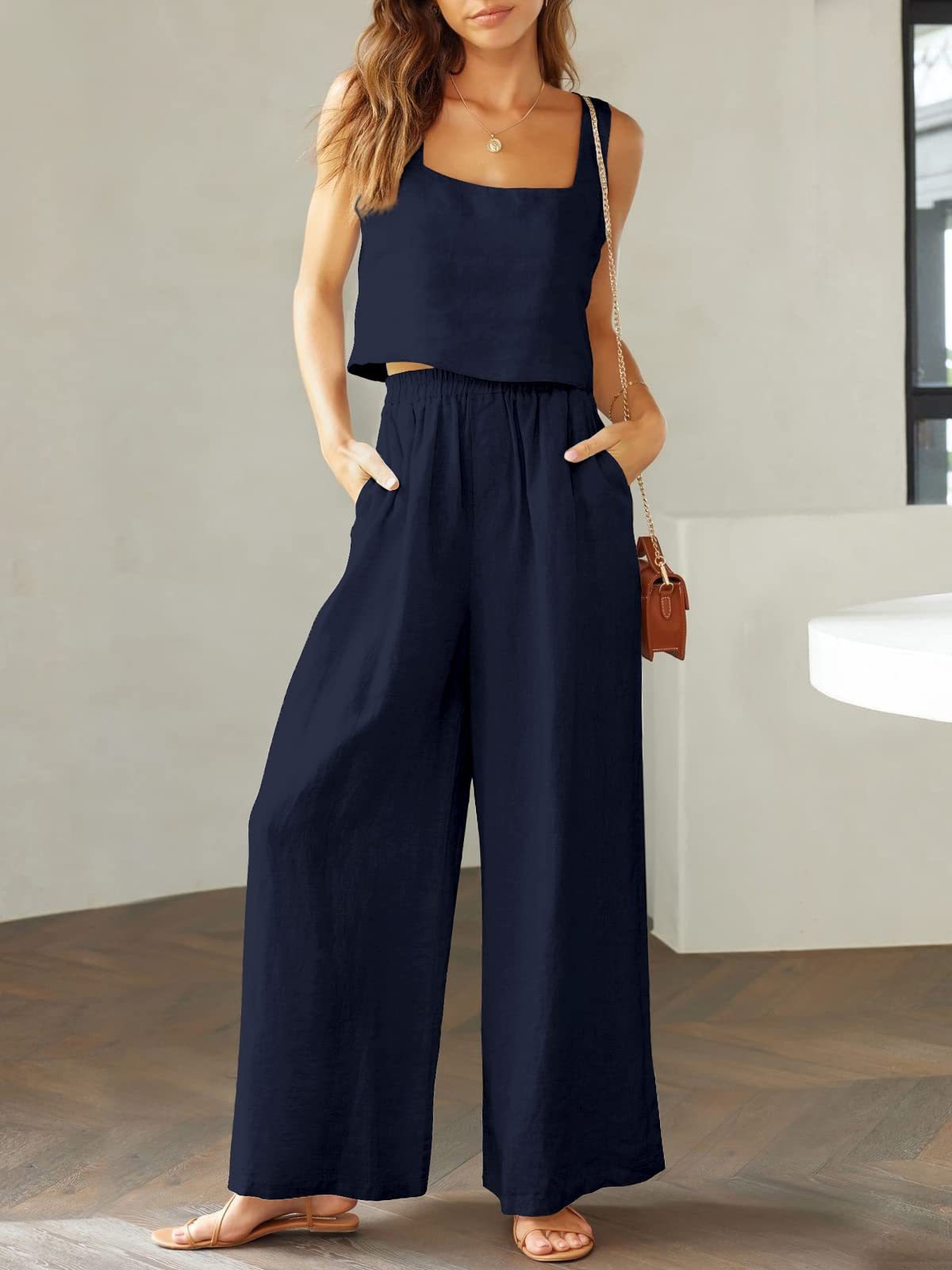 Women's 2-Piece Sleeveless Tank Top and Wide-Leg Long Pants Casual Set