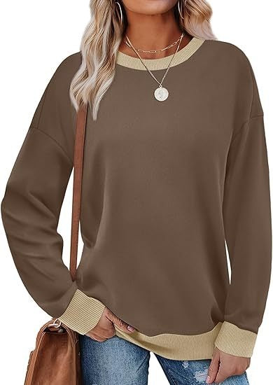 Women's Sporty Sweatshirt – Round Neck, Long Sleeve, Loose Fit, Color-Blocked with Ribbed Trim