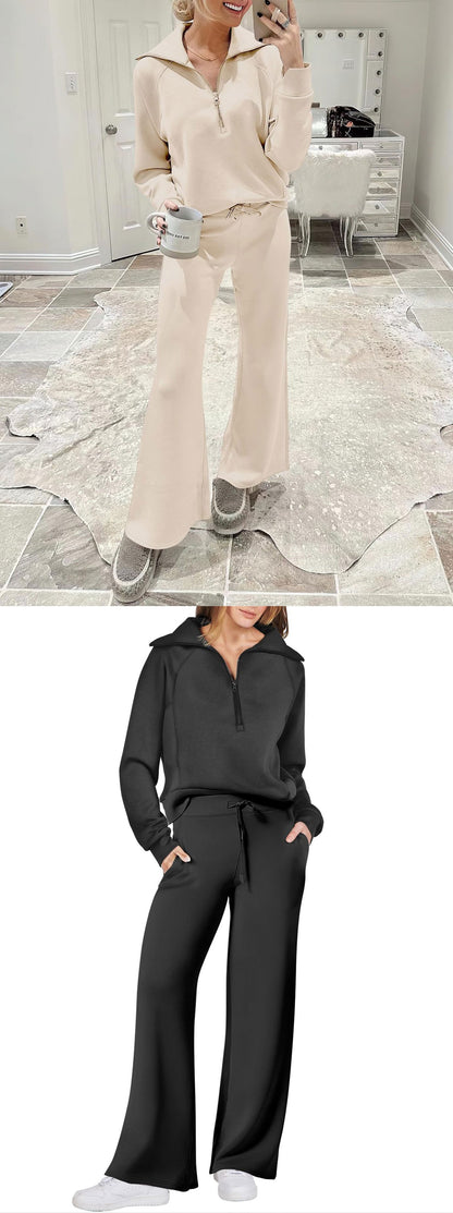 Autumn/Winter Casual Sports Set – Zip-Up Long Sleeve Sweatshirt and Wide-Leg Pants Two-Piece