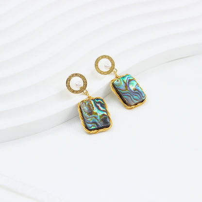 Elegante Abalone-Ohrringe mit Süßwasserperle & chinesischem Muster – 14K vergoldet, goldene Umrandung, mystischer Look für Damen
