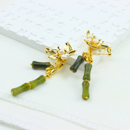 Perlenohrring mit Jade-Bambusdesign – 14K vergoldet, 925 Silberstift, elegante handgefertigte Ohrringe für Frauen, hypoallergen und stilvoll