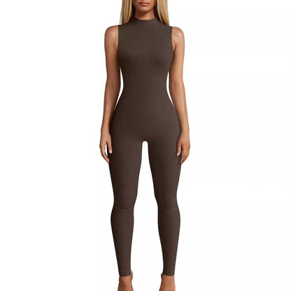 Women's Slim Fit Ribbed Sleeveless High-Neck Yoga Jumpsuit