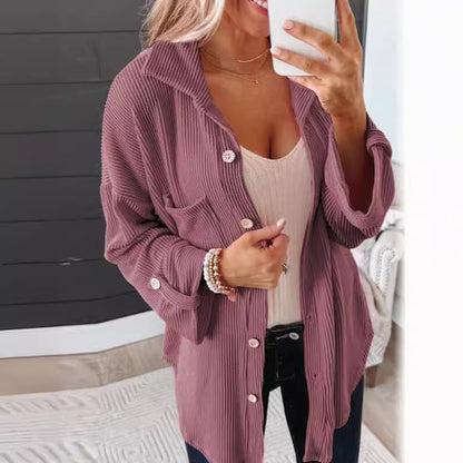 Women's Waffle Shirt - Solid Color Long Sleeve Button-Down Collar Jacket