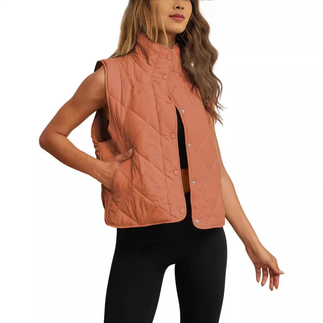 Women's Quilted Padded Vest – Lightweight Button-Up Stand Collar Gilet with Pockets