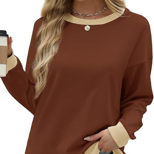 Women's Sporty Sweatshirt – Round Neck, Long Sleeve, Loose Fit, Color-Blocked with Ribbed Trim