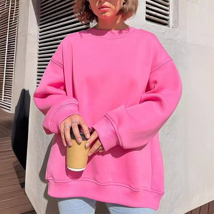 Autumn & Winter New Solid Color Round Neck Loose Pullover Sweatshirt – Long Sleeve Fleece Top for Women