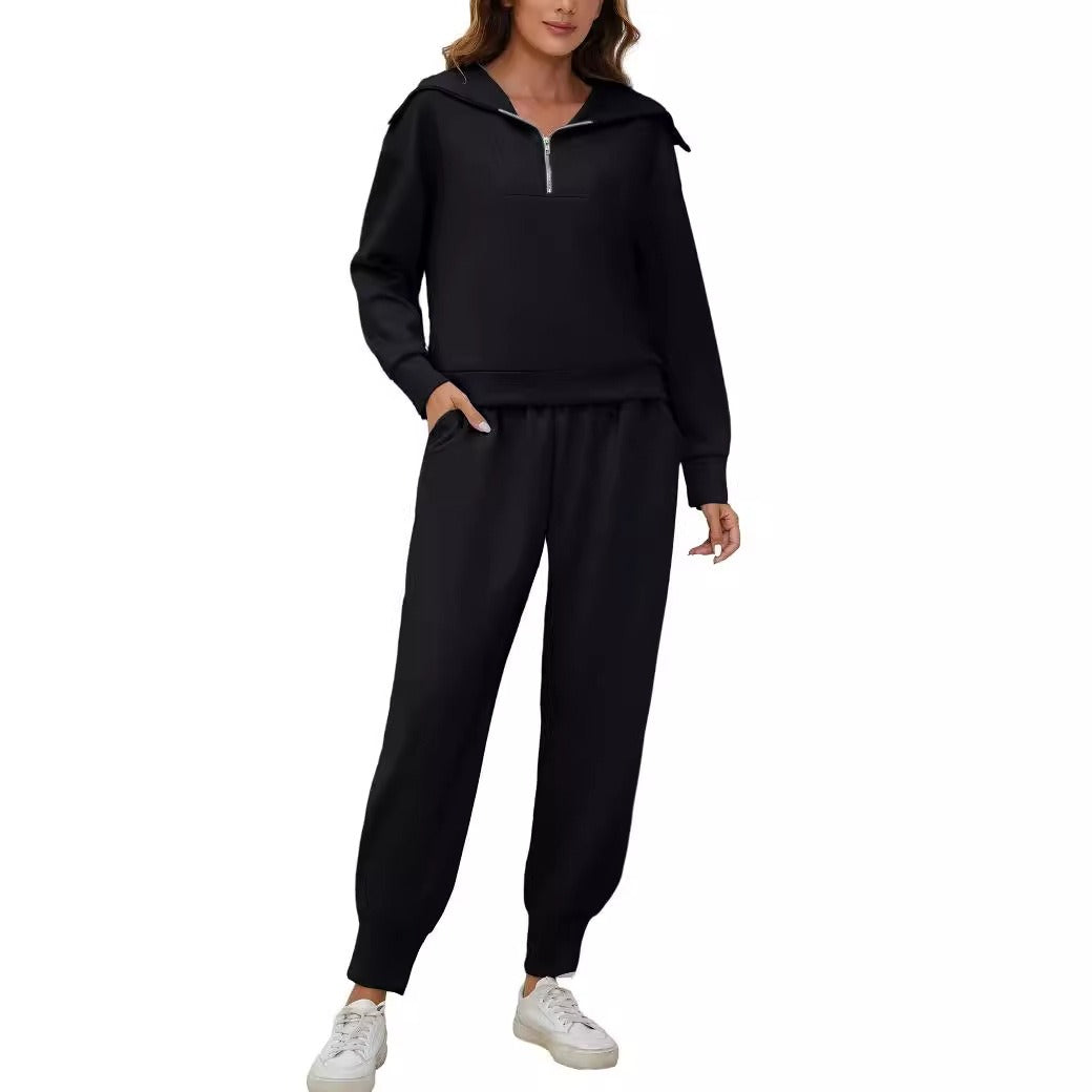 Half-Zip Long Sleeve Collared Sports Top and High-Waisted Athletic Pants Two-Piece Set