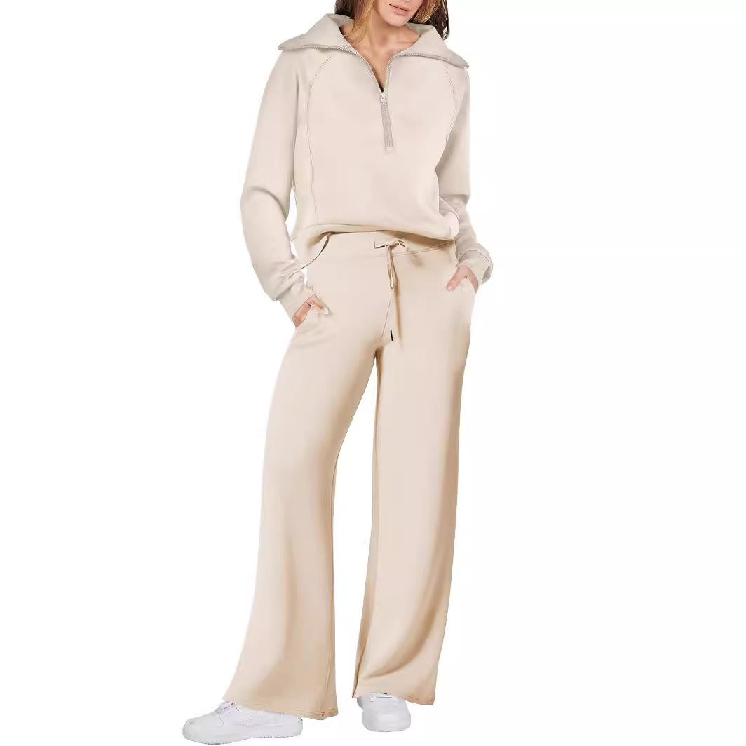 Autumn/Winter Casual Sports Set – Zip-Up Long Sleeve Sweatshirt and Wide-Leg Pants Two-Piece