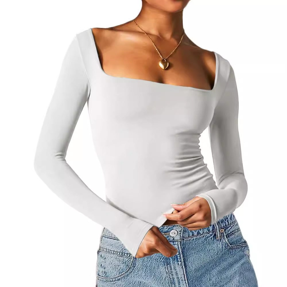 Women's Long-Sleeve Solid Color Slim Fit Square Neck T-Shirt Top