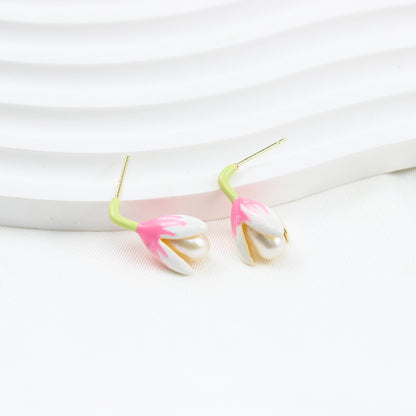 Magnolien Perlen Ohrstecker – Rosa Emaille mit Süßwasserperle, 14K Vergoldet & 925 Silber, femininer Schmuck mit Geschenkbox für Damen