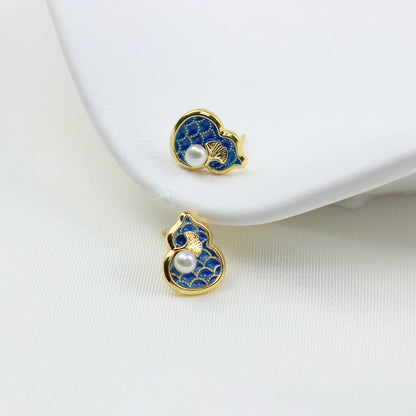 Chinesische Ohrstecker Damen – Ginkgo & Kalebasse Design mit Süßwasserperle, 925 Silber & 14K Vergoldet, Blaue Emaille, Elegante Geschenkbox