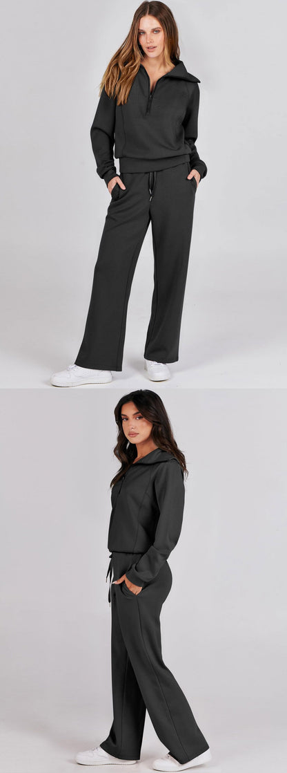 Autumn/Winter Casual Sports Set – Zip-Up Long Sleeve Sweatshirt and Wide-Leg Pants Two-Piece