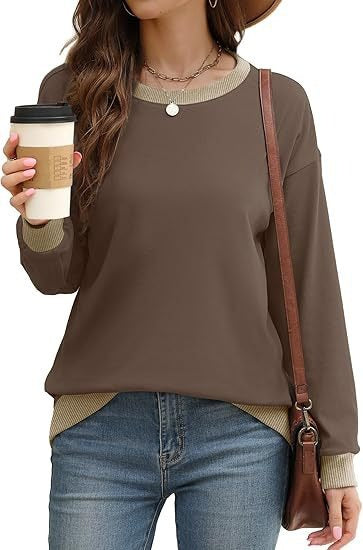 Women's Sporty Sweatshirt – Round Neck, Long Sleeve, Loose Fit, Color-Blocked with Ribbed Trim