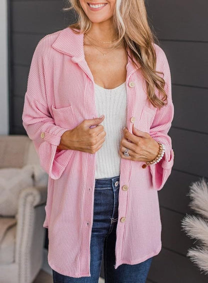 Women's Waffle Shirt - Solid Color Long Sleeve Button-Down Collar Jacket