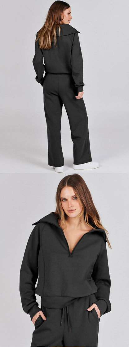 Autumn/Winter Casual Sports Set – Zip-Up Long Sleeve Sweatshirt and Wide-Leg Pants Two-Piece