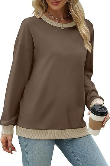 Women's Sporty Sweatshirt – Round Neck, Long Sleeve, Loose Fit, Color-Blocked with Ribbed Trim