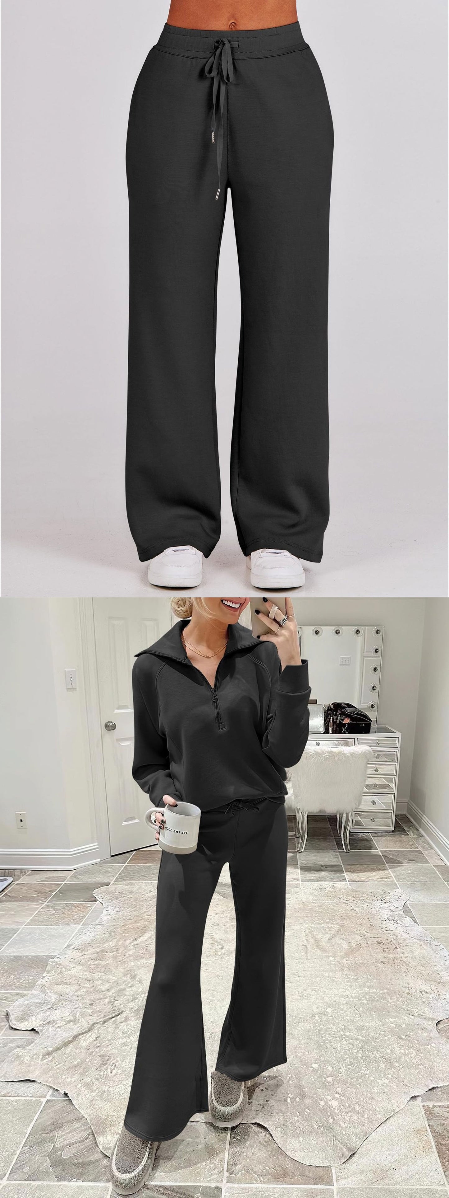 Autumn/Winter Casual Sports Set – Zip-Up Long Sleeve Sweatshirt and Wide-Leg Pants Two-Piece