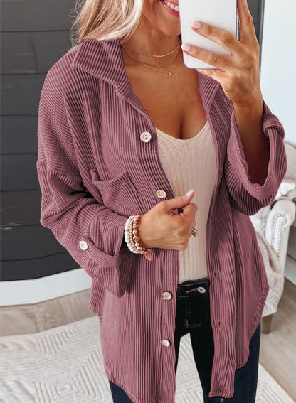 Women's Waffle Shirt - Solid Color Long Sleeve Button-Down Collar Jacket