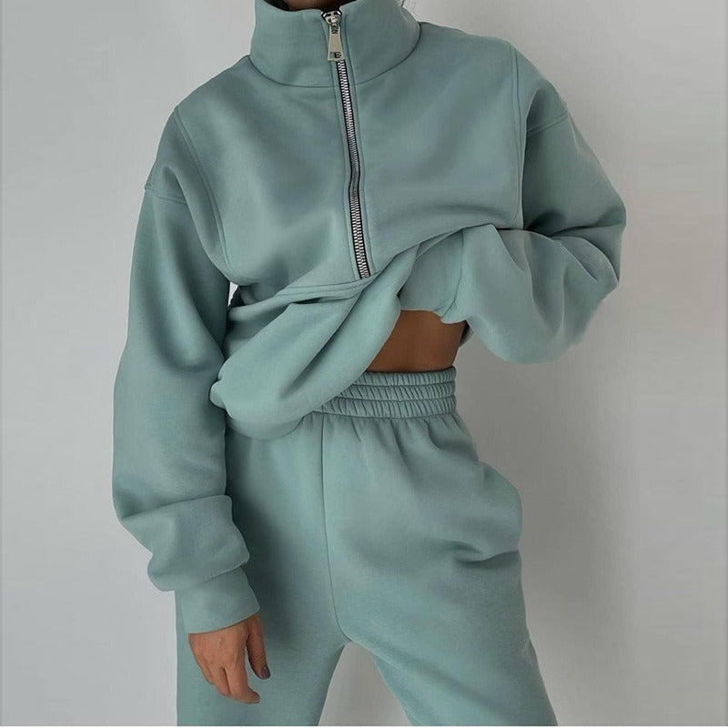 New Women's Zip-Up Fleece Sweatshirt & Sweatpants Set - Casual and Stylish Activewear