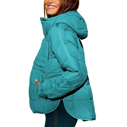 Autumn & Winter Solid Color Hooded Cotton Jacket – Foldable, Padded Pullover with Pockets for Women