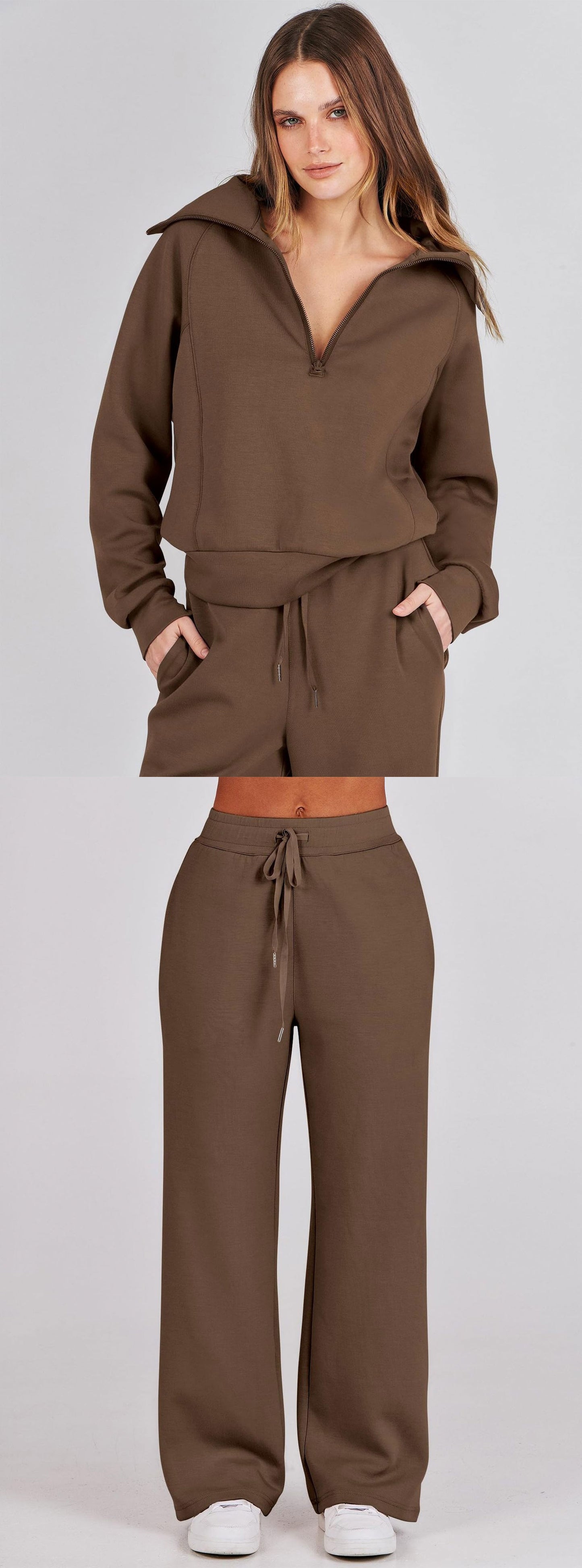 Autumn/Winter Casual Sports Set – Zip-Up Long Sleeve Sweatshirt and Wide-Leg Pants Two-Piece