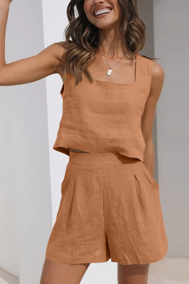 Women’s 2-Piece Casual Set – Linen Shorts and Sleeveless Tank Top