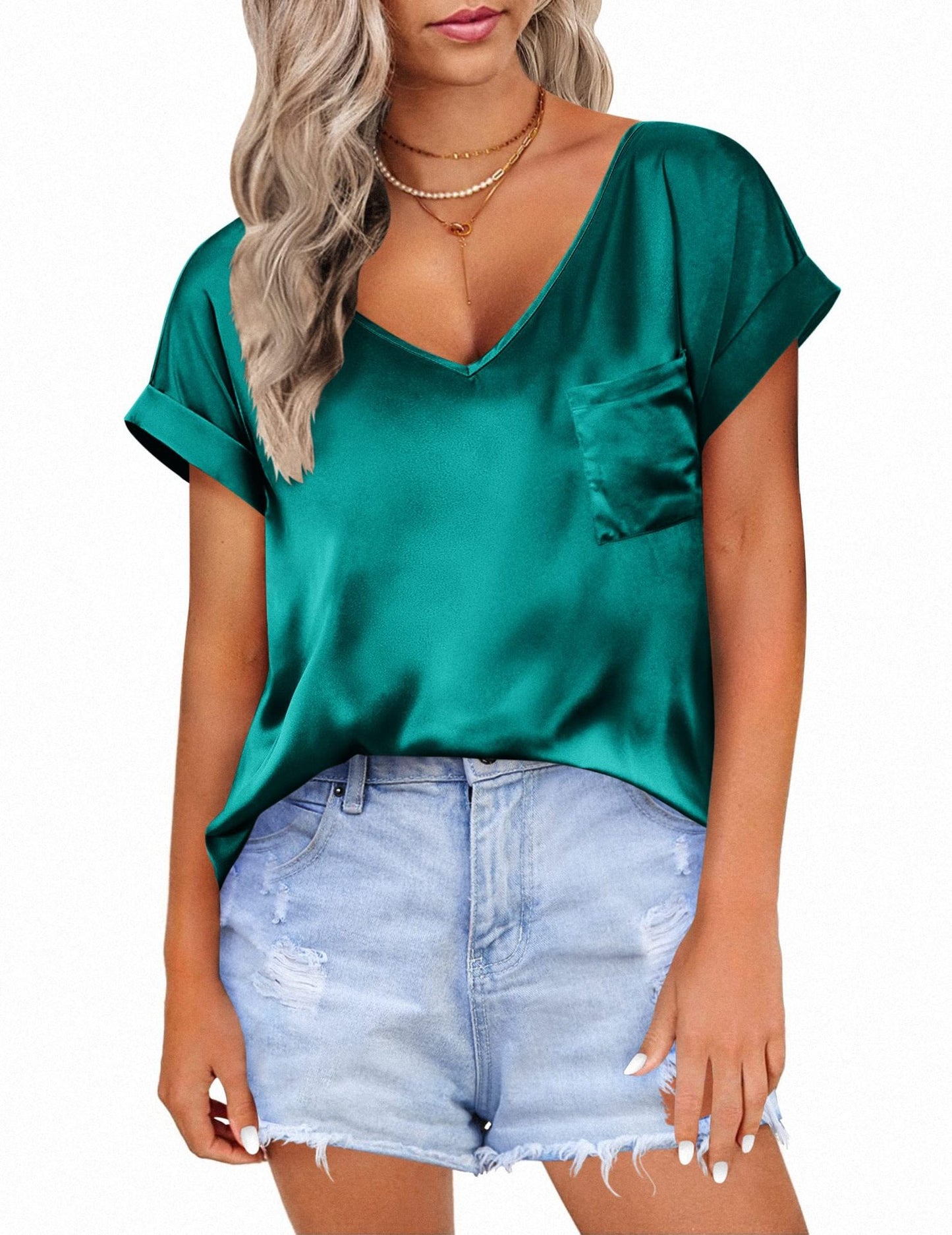 WXTX1k01100Women’s Summer Satin V-Neck Pocket T-Shirt with Rolled-Up Short Sleeves, Loose-Fitting Casual Top