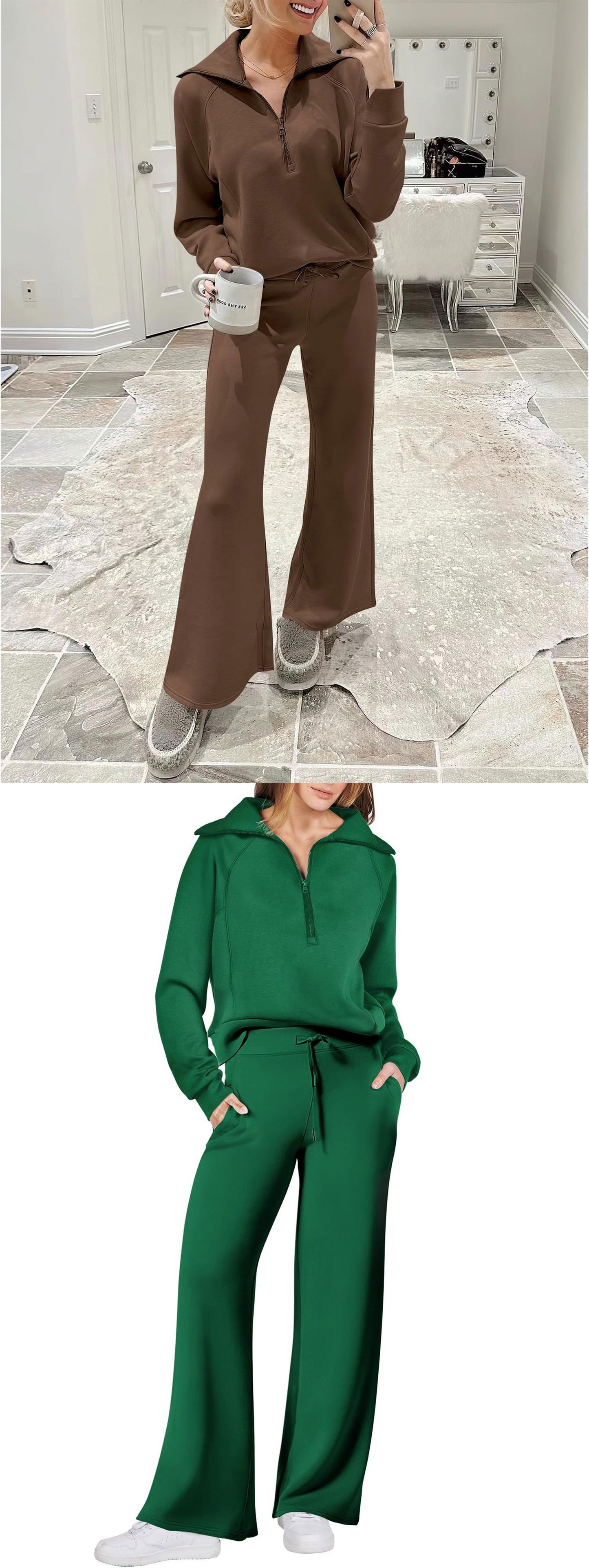 Autumn/Winter Casual Sports Set – Zip-Up Long Sleeve Sweatshirt and Wide-Leg Pants Two-Piece