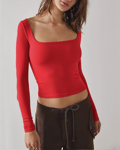 Women's Long-Sleeve Solid Color Slim Fit Square Neck T-Shirt Top