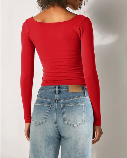 Women's Long-Sleeve Solid Color Slim Fit Square Neck T-Shirt Top