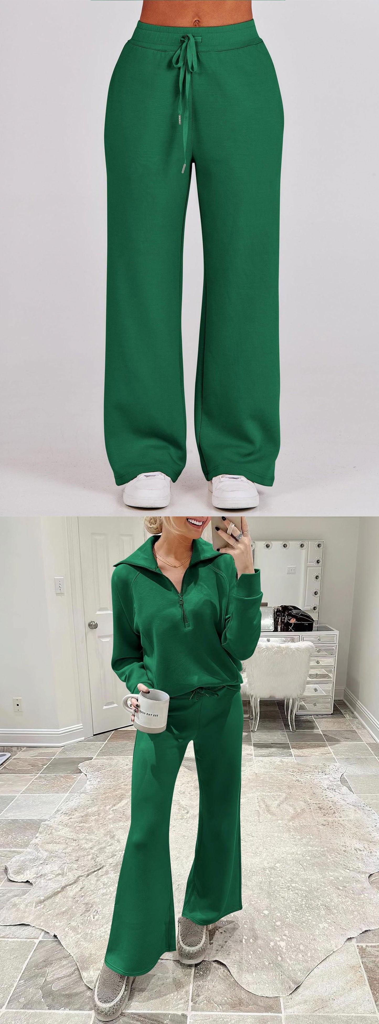 Autumn/Winter Casual Sports Set – Zip-Up Long Sleeve Sweatshirt and Wide-Leg Pants Two-Piece