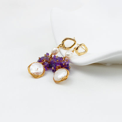 Violette Trauben-Perlenohrringe – 14K Vergoldet, Barockstil mit Süßwasserperlen & Kristallen, Eleganter Schmuck für Feste & Partys