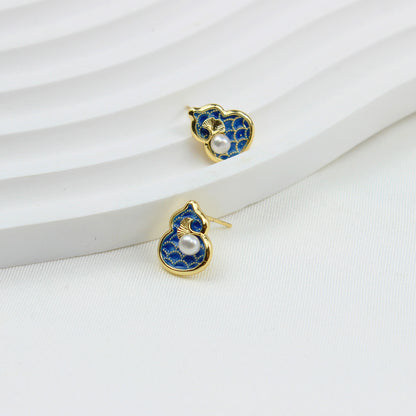 Chinesische Ohrstecker Damen – Ginkgo & Kalebasse Design mit Süßwasserperle, 925 Silber & 14K Vergoldet, Blaue Emaille, Elegante Geschenkbox
