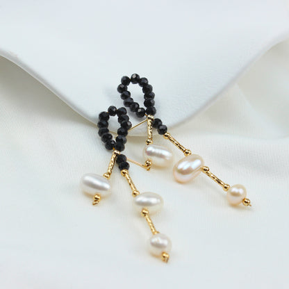Schleifen Perlen Ohrringe – Schwarze Kristall-Schleife mit Perlen, 14K Vergoldet & 925 Silberstift, Süßer eleganter Stil für Damen
