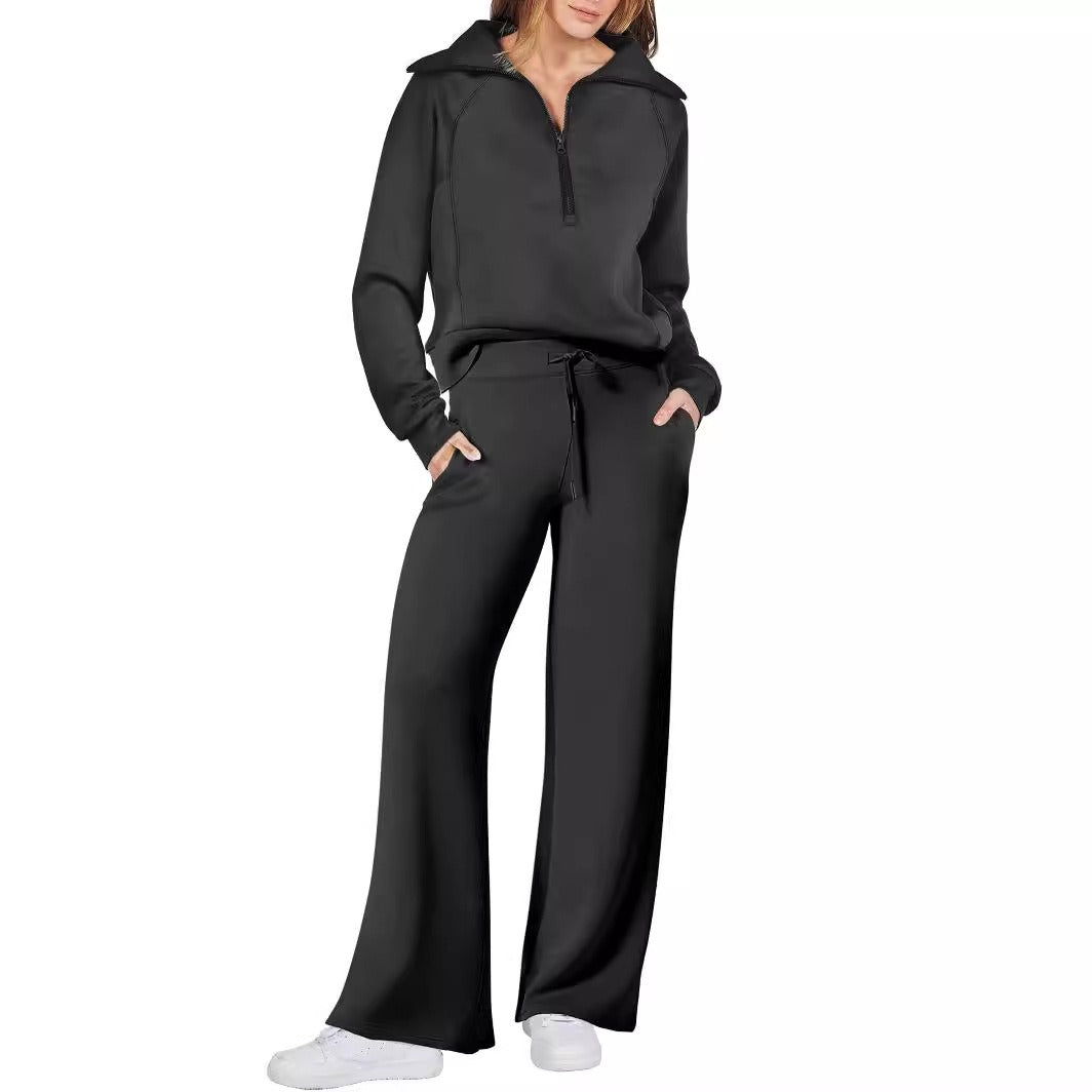 Autumn/Winter Casual Sports Set – Zip-Up Long Sleeve Sweatshirt and Wide-Leg Pants Two-Piece