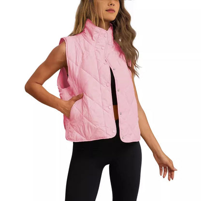 Women's Quilted Padded Vest – Lightweight Button-Up Stand Collar Gilet with Pockets