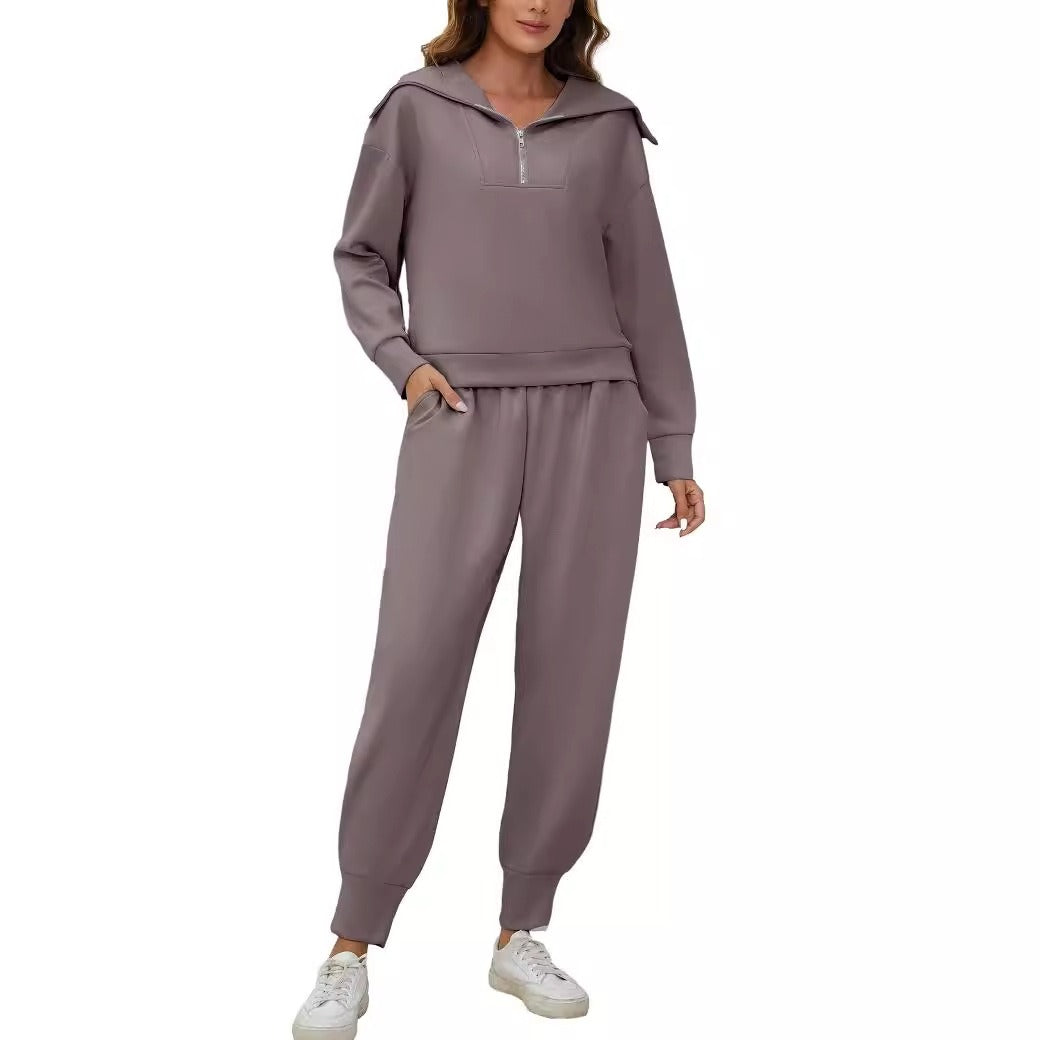 Half-Zip Long Sleeve Collared Sports Top and High-Waisted Athletic Pants Two-Piece Set