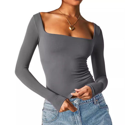 Women's Long-Sleeve Solid Color Slim Fit Square Neck T-Shirt Top