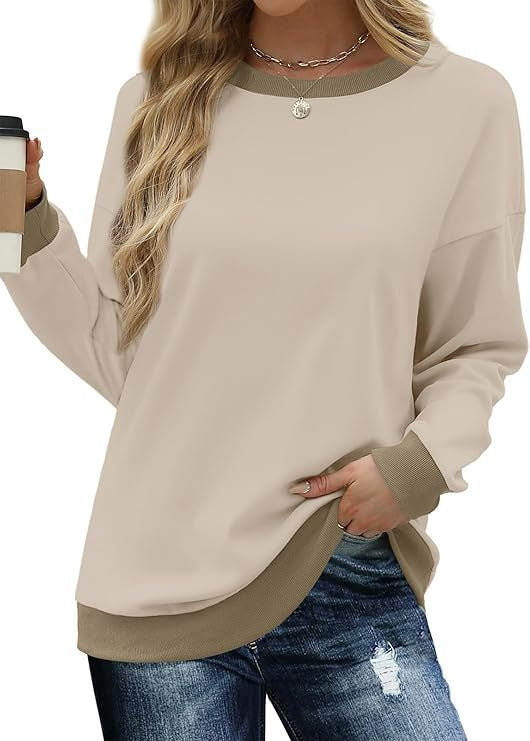 Women's Sporty Sweatshirt – Round Neck, Long Sleeve, Loose Fit, Color-Blocked with Ribbed Trim