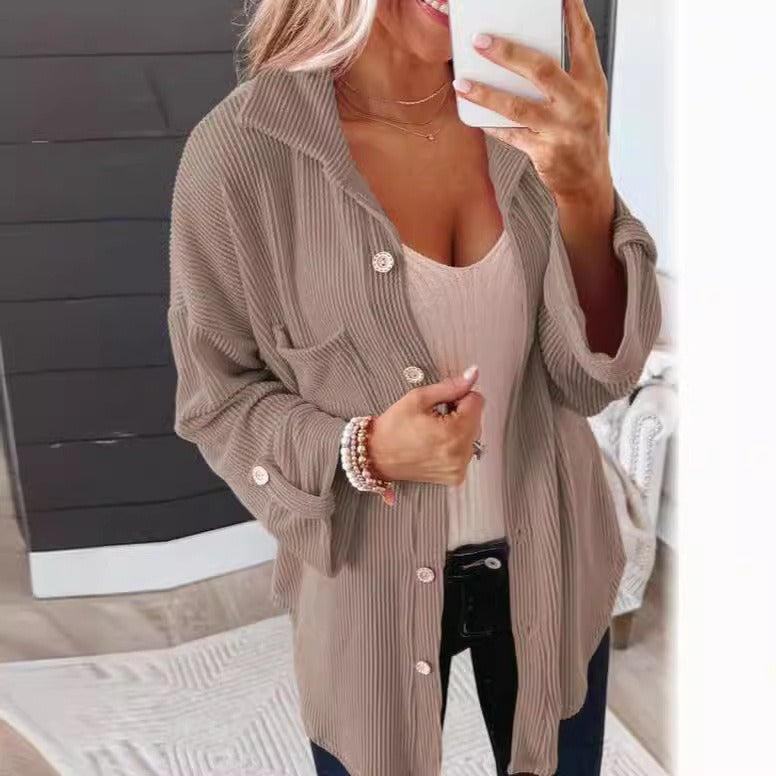 Women's Waffle Shirt - Solid Color Long Sleeve Button-Down Collar Jacket