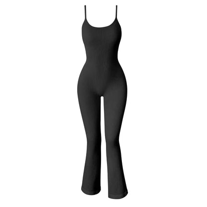 Women's Ribbed Yoga Jumpsuit – Adjustable Spaghetti Strap Top with Flared Pants