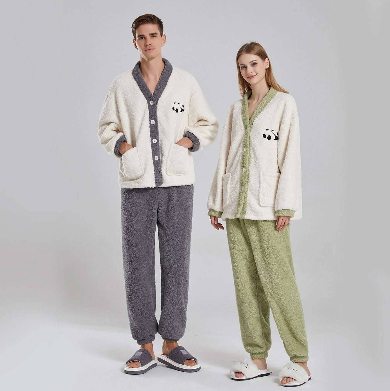 Couples' Winter Pajamas for Women – Thick Coral Fleece Loungewear with Half-Fleece Cartoon Panda Design, Couples Pajama Set