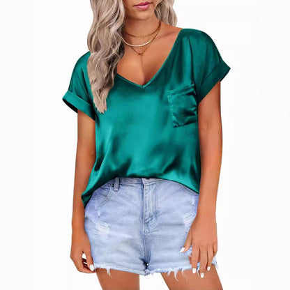 WXTX1k01100Women’s Summer Satin V-Neck Pocket T-Shirt with Rolled-Up Short Sleeves, Loose-Fitting Casual Top